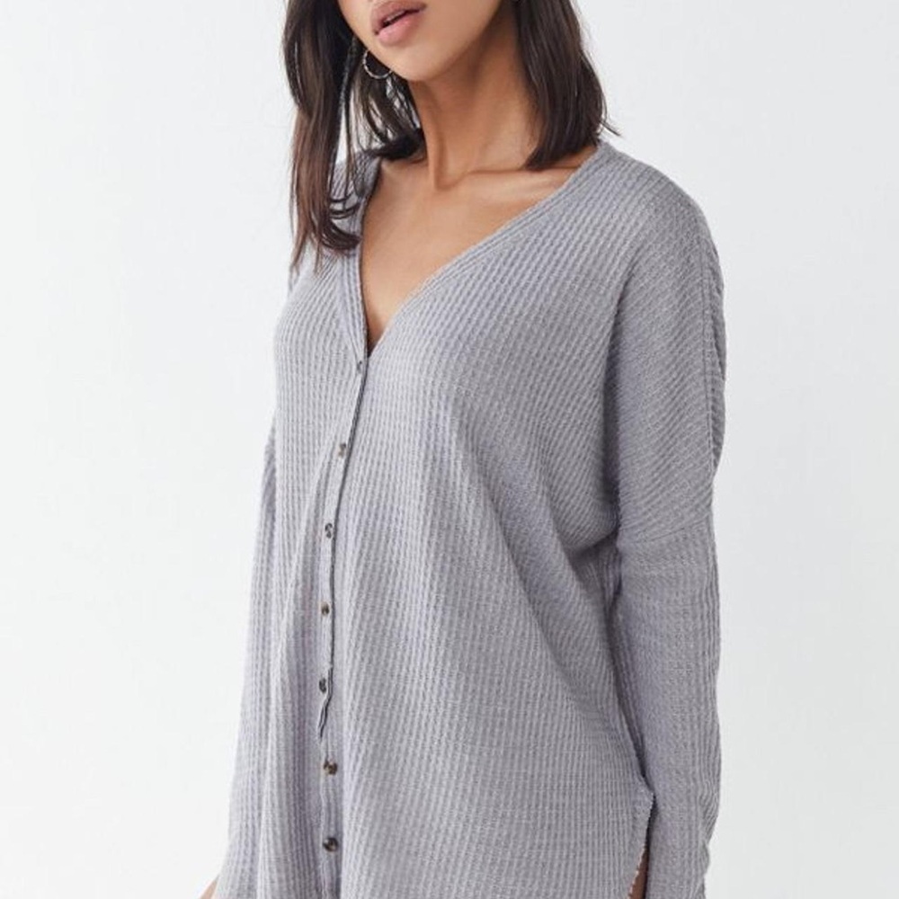 Out From Under Urban Outfitters Gray Waffle Thermal Button Down Top Small